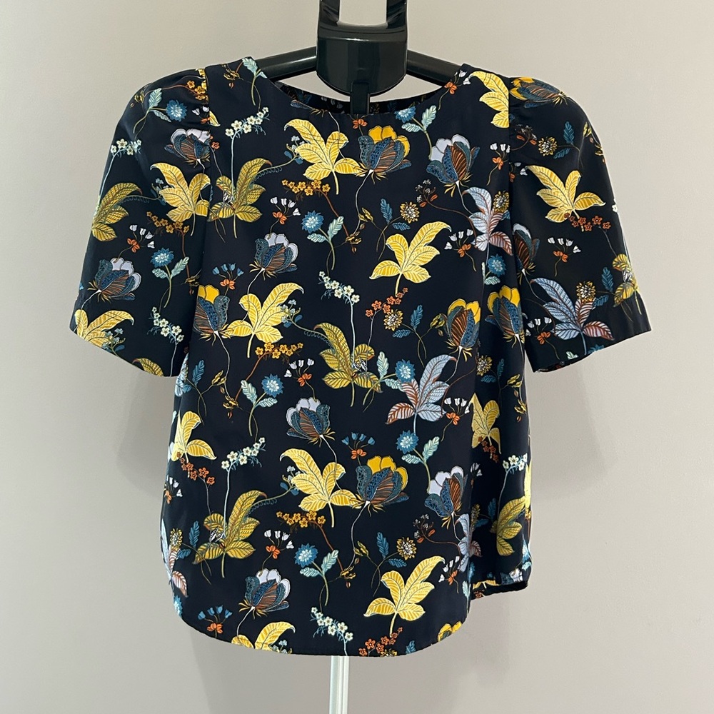 LOFT Navy Floral Blouse with Yellow and Blue Accents